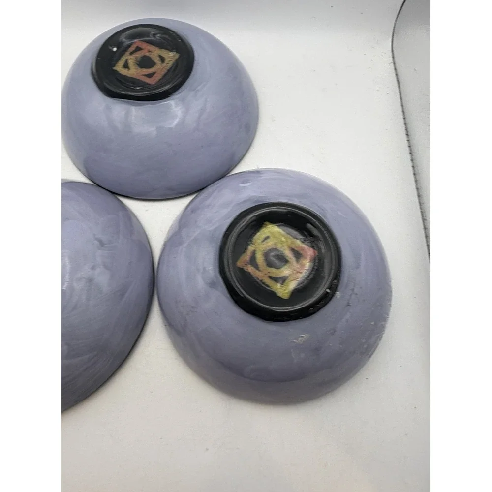 Set of 3 Hand Painted Art Pottery Bowls Purple Poppy Ladybug Signed Studio